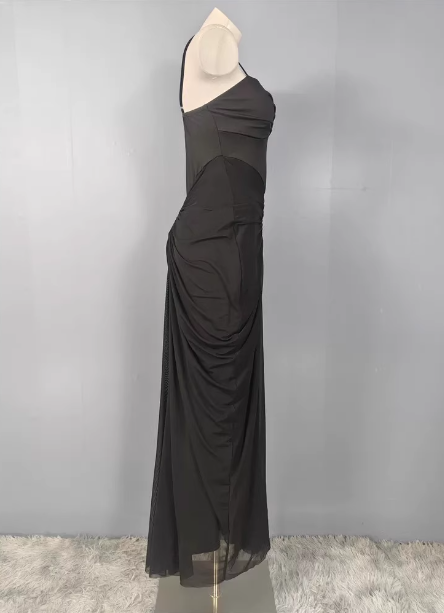 Elegant Black Mermaid Spaghetti Strap Ruched Chiffon Long Classy Prom Dress