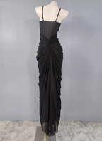 Elegant Black Mermaid Spaghetti Strap Ruched Chiffon Long Classy Prom Dress