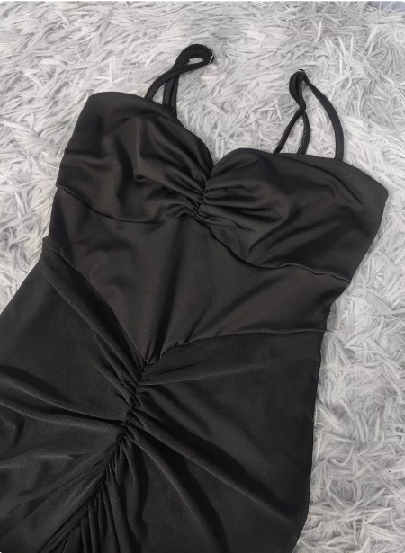 Elegant Black Mermaid Spaghetti Strap Ruched Chiffon Long Classy Prom Dress