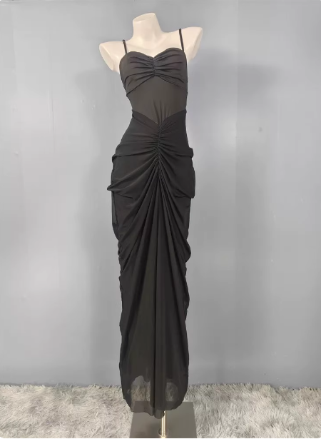 Elegant Black Mermaid Spaghetti Strap Ruched Chiffon Long Classy Prom Dress Main image