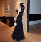 Elegant Black Mermaid Strapless Feather Sequined Tulle Classy Prom Dress