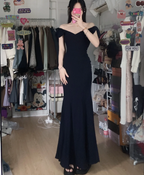 Elegant Black Mermaid V-Neck Bow Strap Satin Long Classy Prom Dress