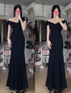 Elegant Black Mermaid V-Neck Bow Strap Satin Long Classy Prom Dress