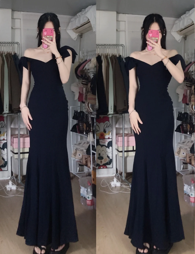 Elegant Black Mermaid V-Neck Bow Strap Satin Long Classy Prom Dress