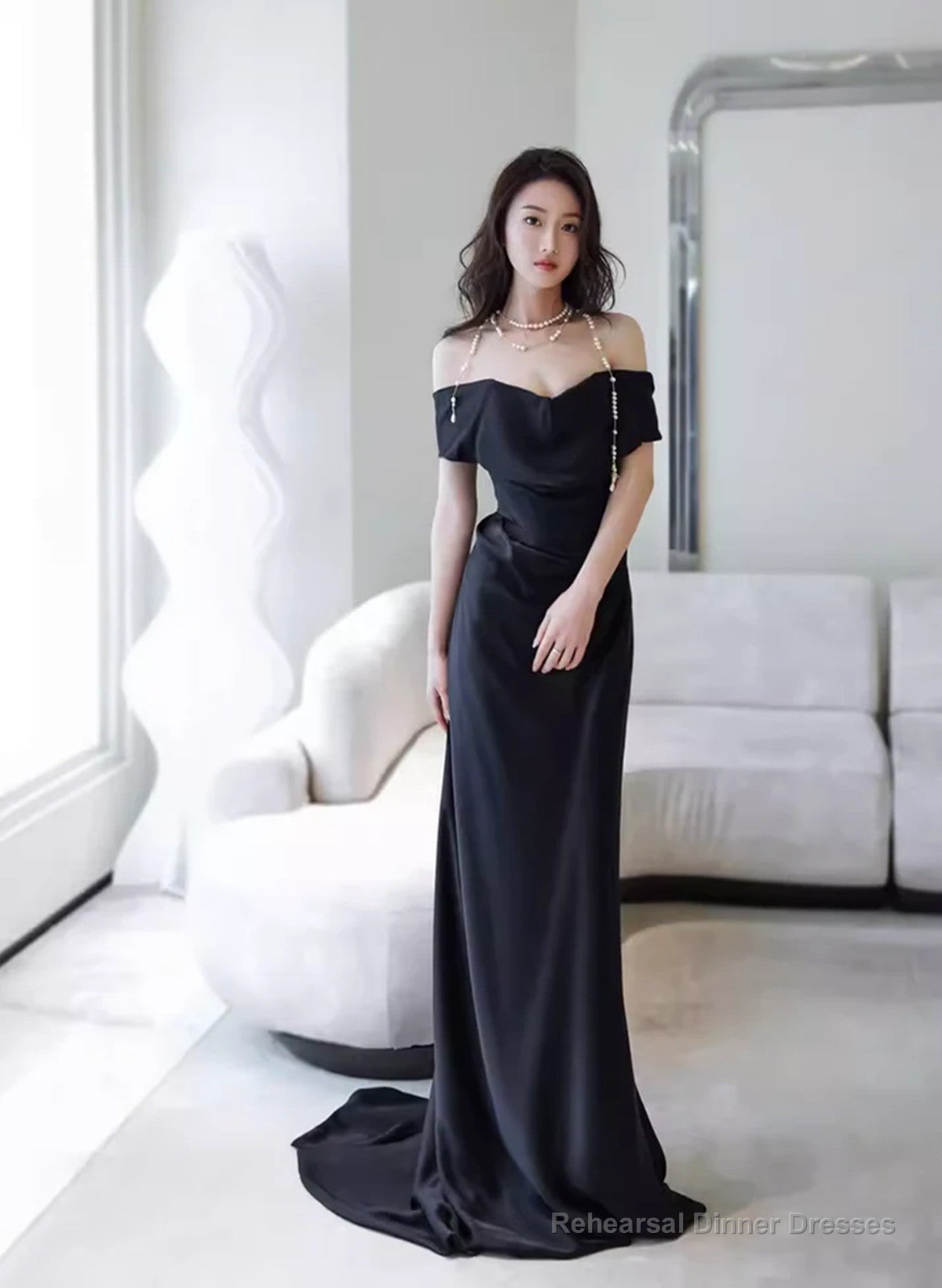 Elegant Black Off Shoulder Long Formal Gown, Black Satin Prom Dress Party Dress Secondary image