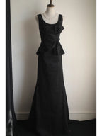 Elegant Black Pleated U-Neck Mermaid Satin Long Classy Prom Dress