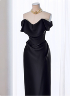 Elegant Black Slim-Fit Off-The-Shoulder Satin Long Classy Prom Dress