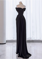 Elegant Black Slim-Fit Off-The-Shoulder Satin Long Classy Prom Dress