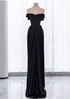 Elegant Black Slim-Fit Off-The-Shoulder Satin Long Classy Prom Dress