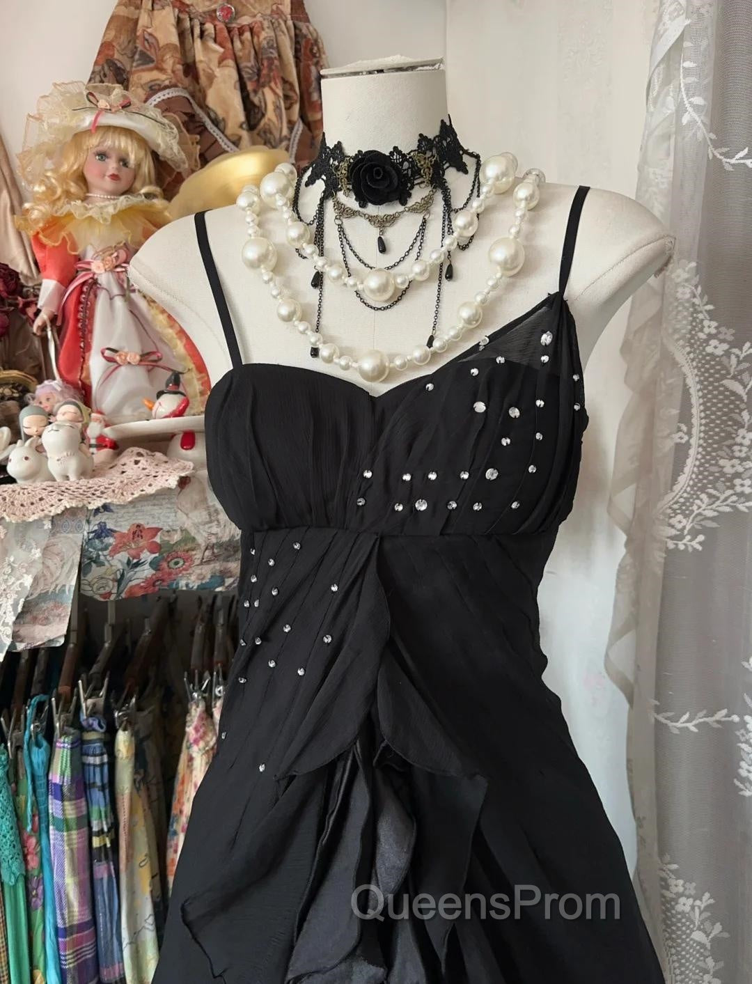Elegant Black Spaghetti Strap Mermaid Chiffon Evening Prom Dress Secondary image