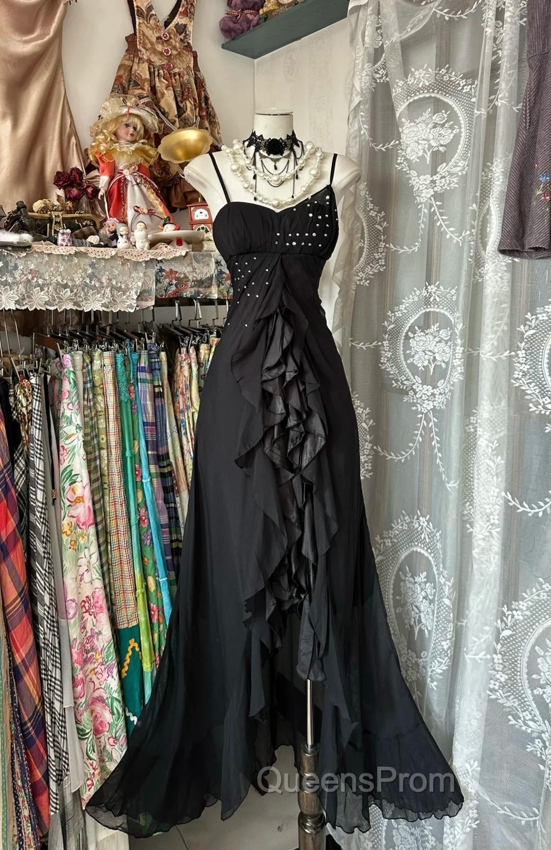 Elegant Black Spaghetti Strap Mermaid Chiffon Evening Prom Dress