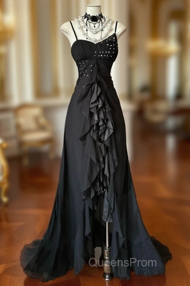 Elegant Black Spaghetti Strap Mermaid Chiffon Evening Prom Dress Main image