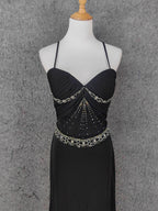 Elegant Black Spaghetti Strap Sequin Beaded Split Chiffon Long Classy Prom Dress