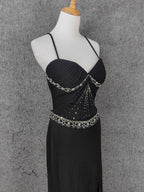 Elegant Black Spaghetti Strap Sequin Beaded Split Chiffon Long Classy Prom Dress