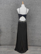 Elegant Black Spaghetti Strap Sequin Beaded Split Chiffon Long Classy Prom Dress