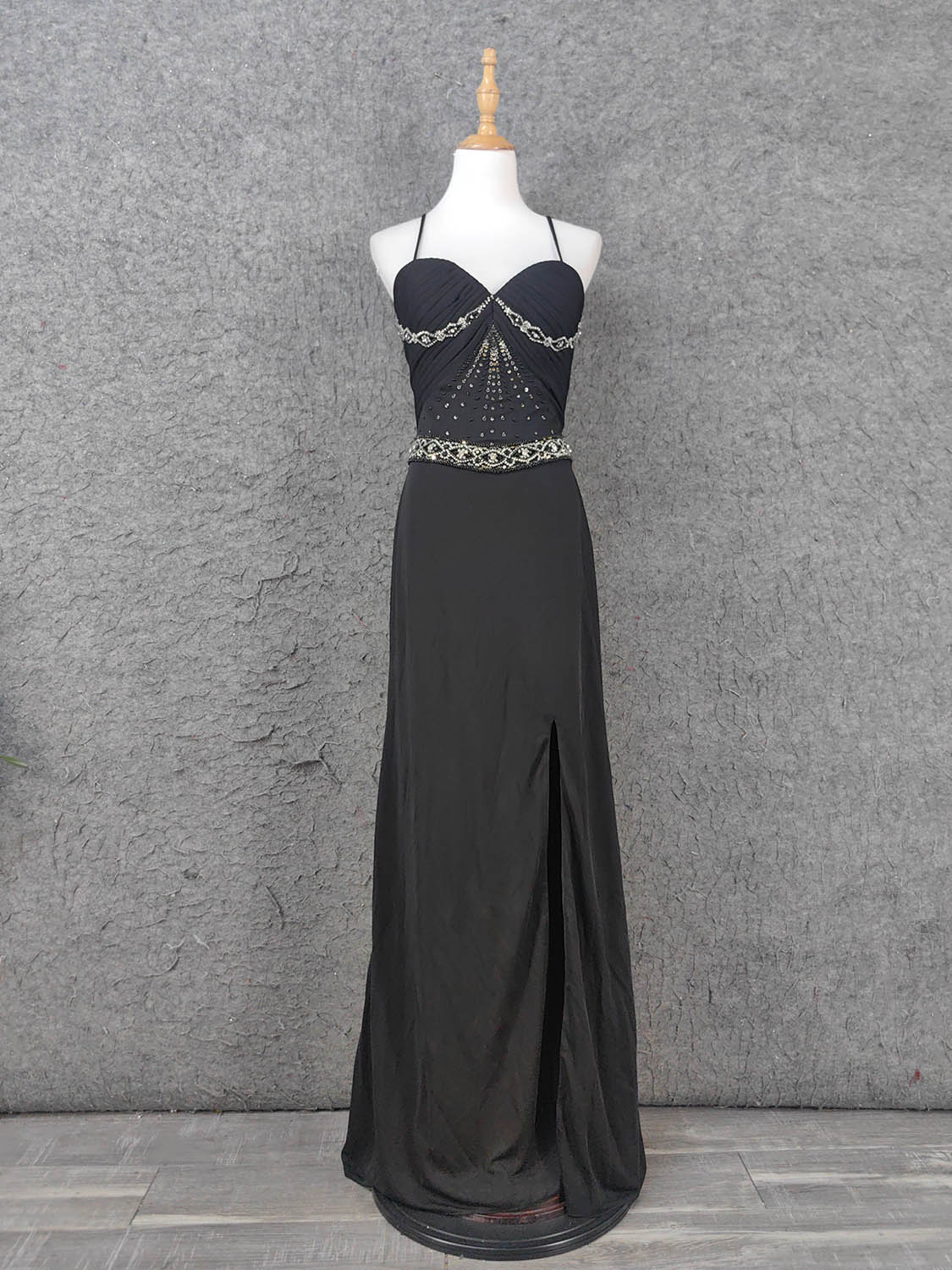 Elegant Black Spaghetti Strap Sequin Beaded Split Chiffon Long Classy Prom Dress Main image