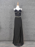 Elegant Black Spaghetti Strap Sequin Beaded Split Chiffon Long Classy Prom Dress