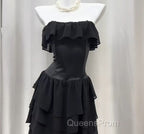 Elegant Black Strapless A-Line Layered Chiffon Long Evening Prom Dress Graduation Evening Prom Dress
