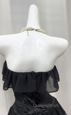 Elegant Black Strapless A-Line Layered Chiffon Long Evening Prom Dress Graduation Evening Prom Dress