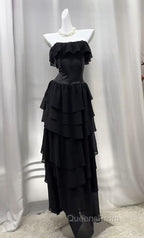 Elegant Black Strapless A-Line Layered Chiffon Long Evening Prom Dress Graduation Evening Prom Dress