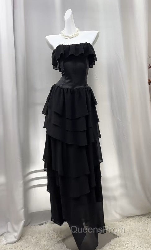 Elegant Black Strapless A-Line Layered Chiffon Long Evening Prom Dress Graduation Evening Prom Dress