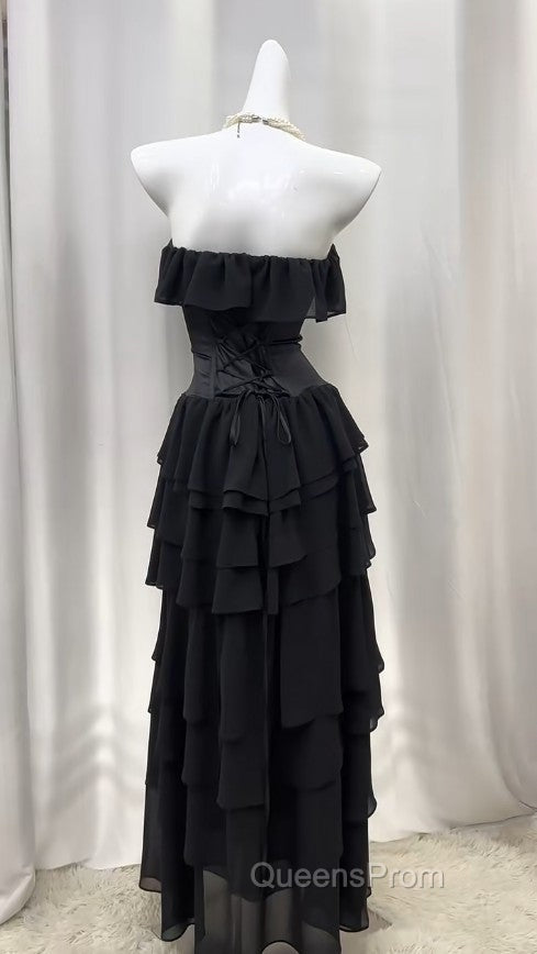 Elegant Black Strapless A-Line Layered Chiffon Long Evening Prom Dress Graduation Evening Prom Dress