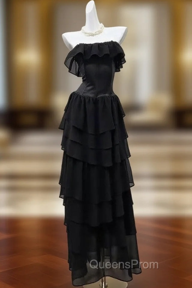 Elegant Black Strapless A-Line Layered Chiffon Long Evening Prom Dress Graduation Evening Prom Dress
