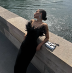Elegant Black Strapless Feather Satin Bodycon Long Classy Prom Dress