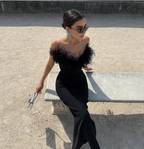 Elegant Black Strapless Feather Satin Bodycon Long Classy Prom Dress