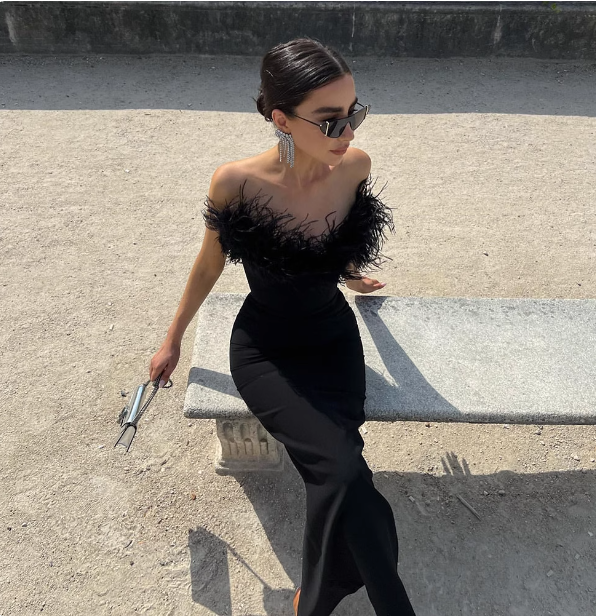 Elegant Black Strapless Feather Satin Bodycon Long Classy Prom Dress