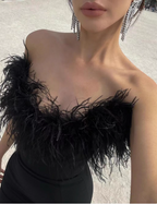 Elegant Black Strapless Feather Satin Bodycon Long Classy Prom Dress
