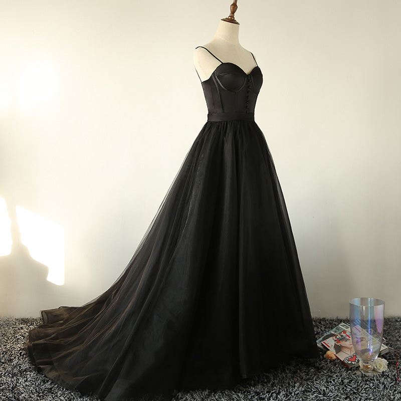 Elegant Black Straps Tulle Sweetheart Classy Prom Dress, Black Party Dress