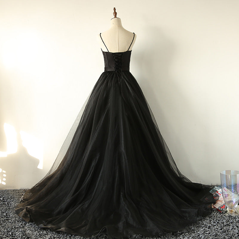Elegant Black Straps Tulle Sweetheart Classy Prom Dress, Black Party Dress