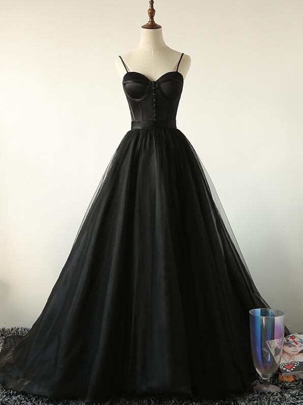Elegant Black Straps Tulle Sweetheart Classy Prom Dress, Black Party Dress Main image