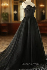 Elegant Black Straps Tulle Sweetheart Evening Prom Dress, Black Party Dress