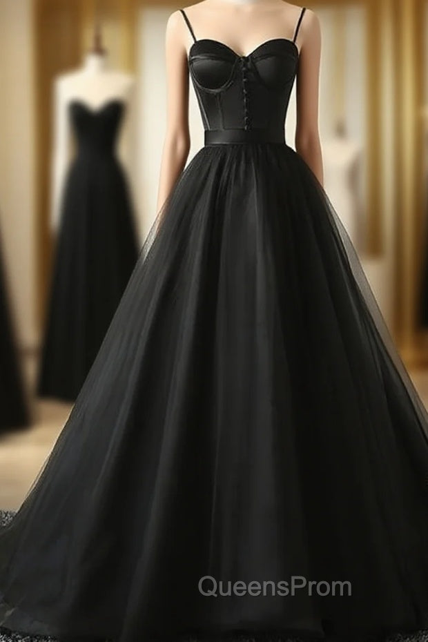 Elegant Black Straps Tulle Sweetheart Evening Prom Dress, Black Party Dress Main image