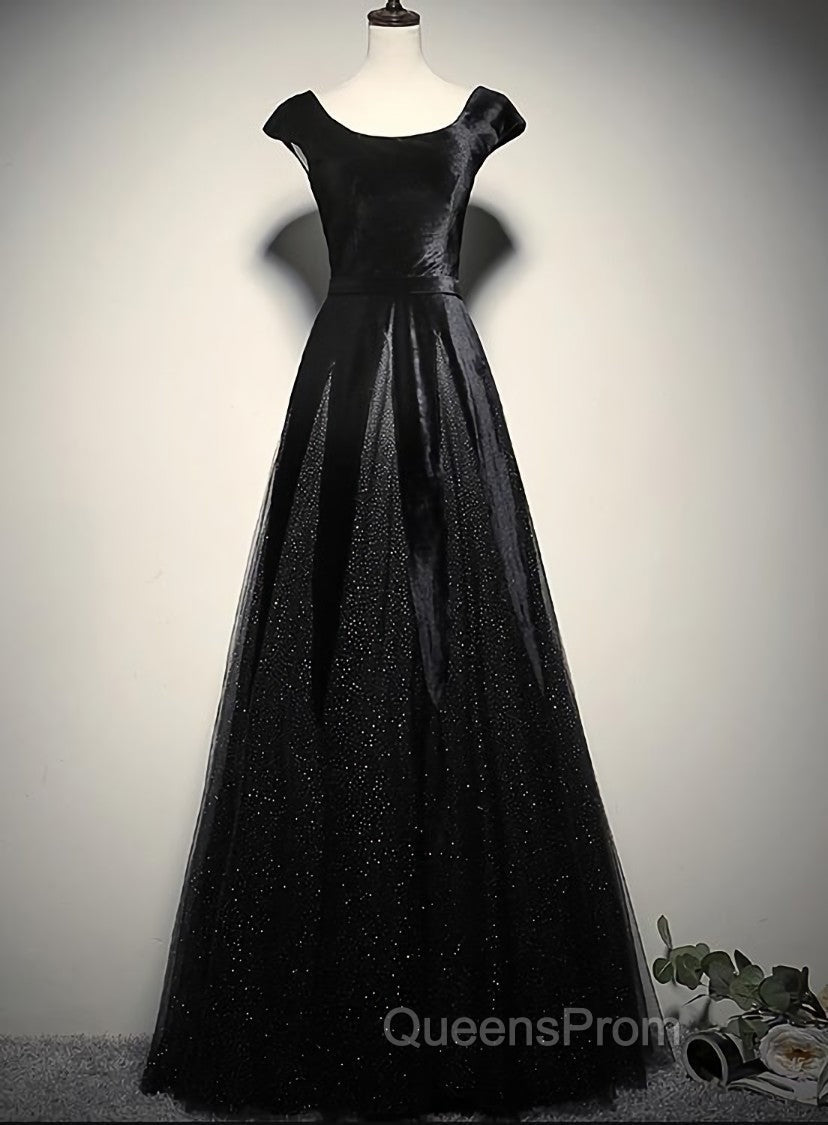 Elegant Black Velvet Cap Sleeves Evening Dress, Black Evening Prom Dress Main image