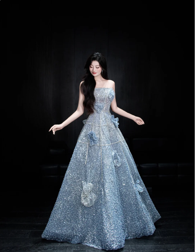 Elegant Blue A-Line Strapless 3D Floral Sequined Tulle Long Classy Prom Dress