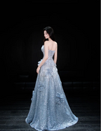 Elegant Blue A-Line Strapless 3D Floral Sequined Tulle Long Classy Prom Dress