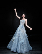 Elegant Blue A-Line Strapless 3D Floral Sequined Tulle Long Classy Prom Dress