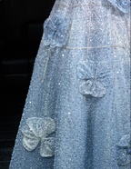 Elegant Blue A-Line Strapless 3D Floral Sequined Tulle Long Classy Prom Dress