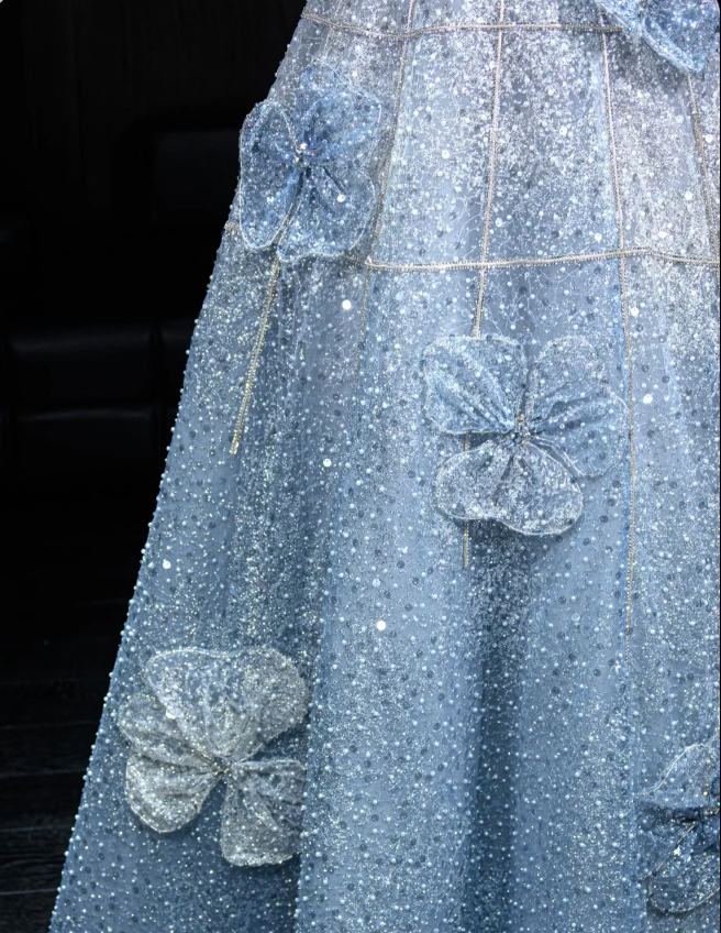 Elegant Blue A-Line Strapless 3D Floral Sequined Tulle Long Classy Prom Dress