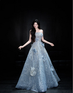 Elegant Blue A-Line Strapless 3D Floral Sequined Tulle Long Classy Prom Dress