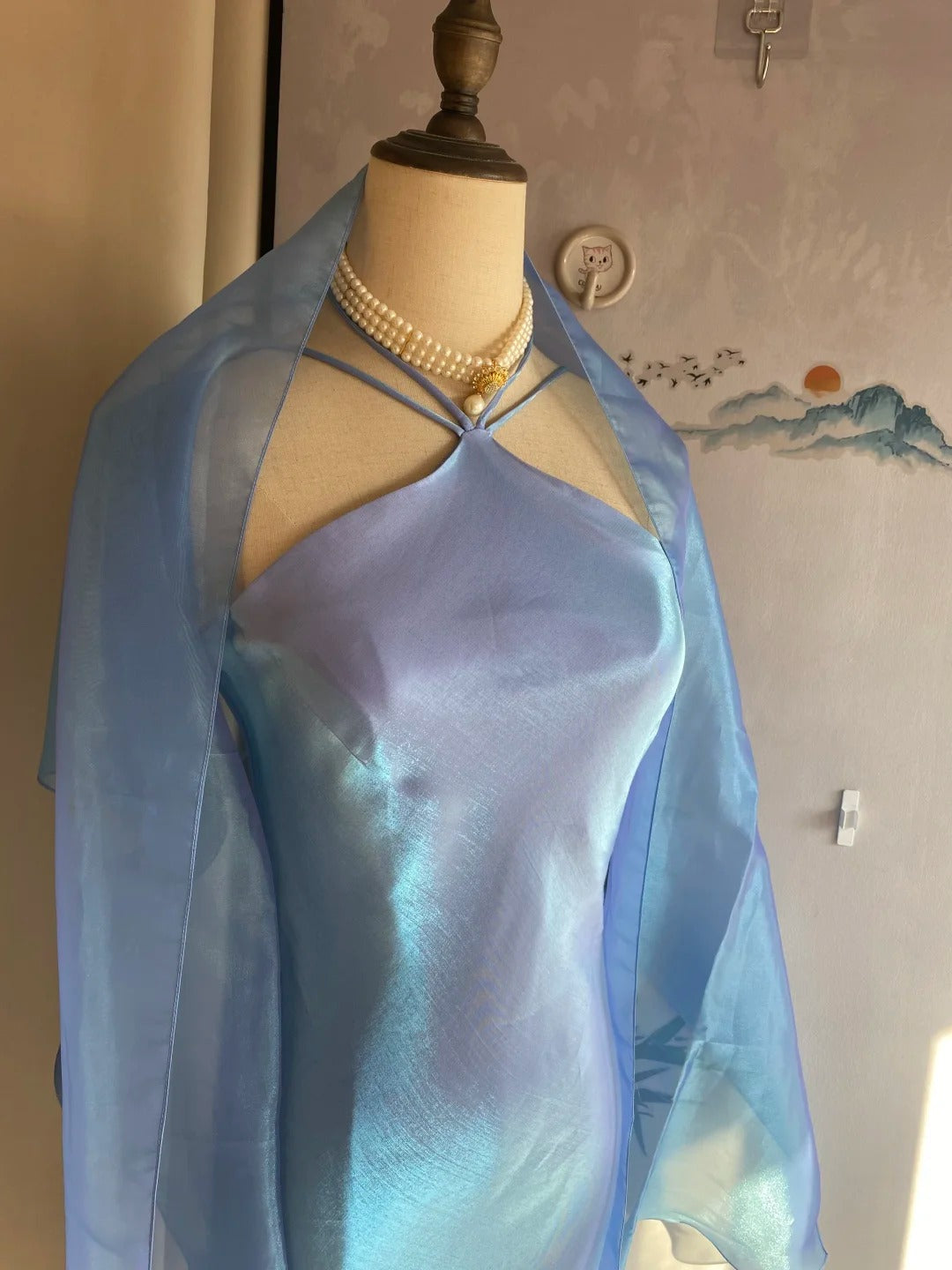 Elegant Blue Halter Neck Mermaid Satin Long Classy Prom Dress Secondary image