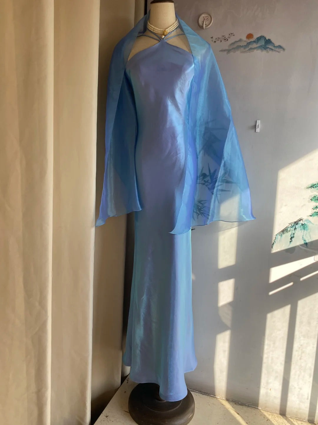 Elegant Blue Halter Neck Mermaid Satin Long Classy Prom Dress