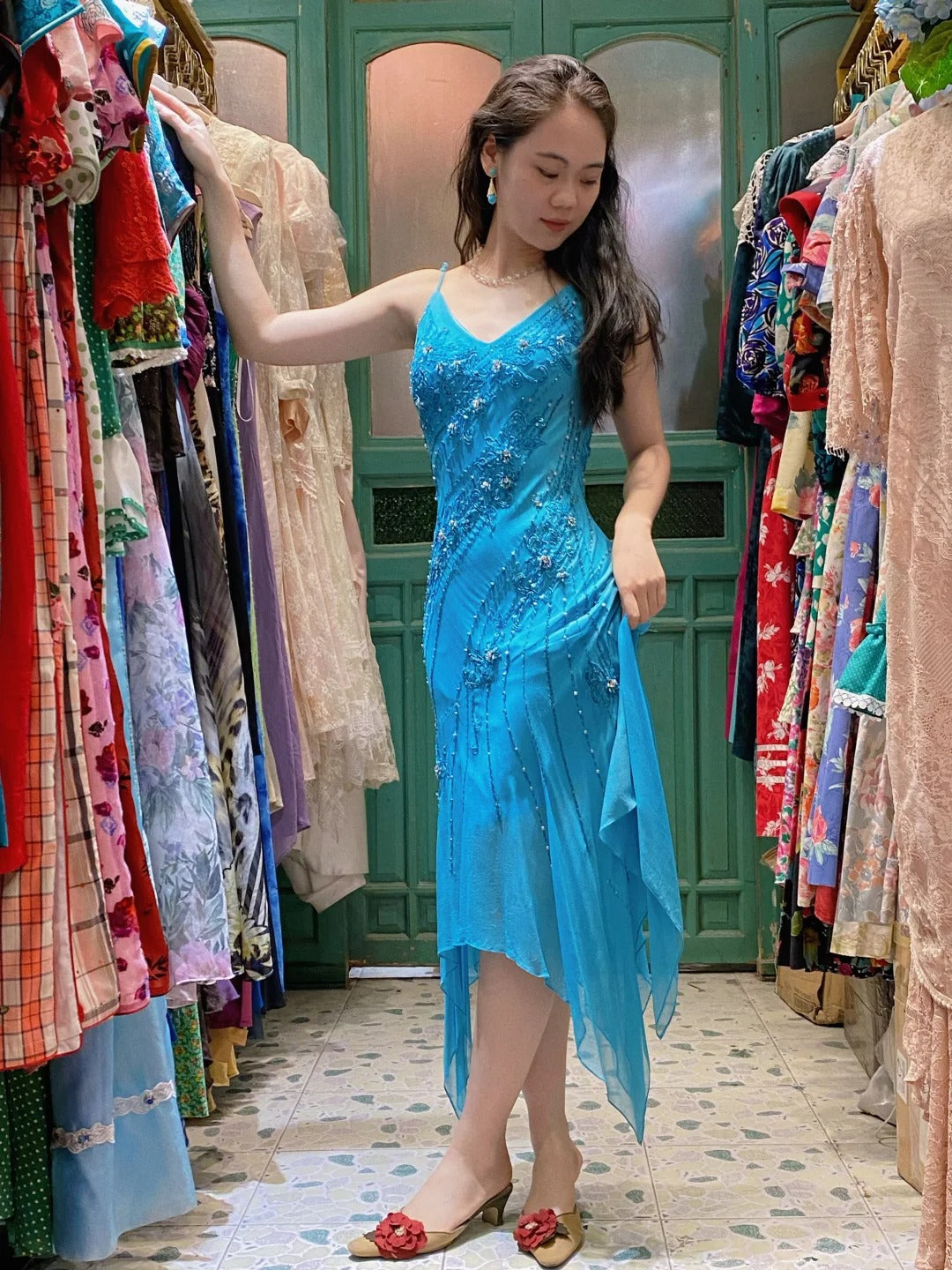 Elegant Blue Irregular Deep V Halter Beaded Chiffon Classy Prom Dress