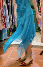 Elegant Blue Irregular Deep V Halter Beaded Chiffon Classy Prom Dress