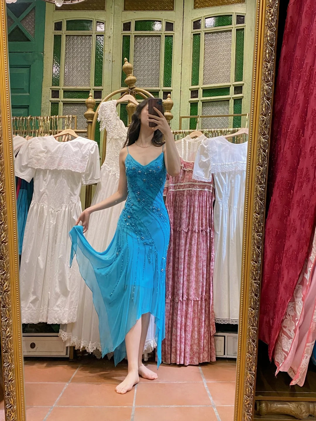 Elegant Blue Irregular Deep V Halter Beaded Chiffon Classy Prom Dress Main image
