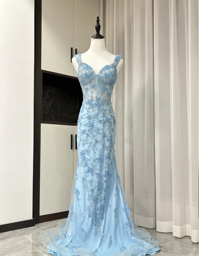 Elegant Blue Mermaid Butterfly Embroidered Long Classy Prom Dress Secondary image