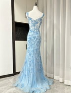 Elegant Blue Mermaid Butterfly Embroidered Long Classy Prom Dress